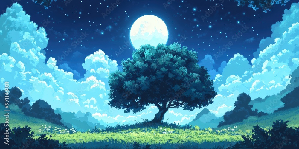 Fototapeta premium Night Sky with Full Moon and Lush Tree Landscape