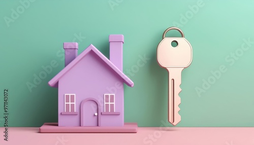 A charming purple house model and a key symbolize home ownership and new beginnings in real estate. photo