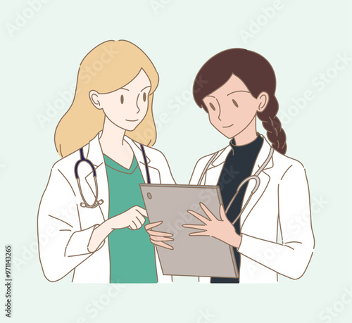 Doctors discussing, diagnosing patient's medical history, studying medical record via computer tablet. Hand drawn flat cartoon character vector illustration.