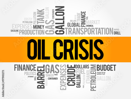Oil Crisis - a significant and often sudden disruption in the supply of oil, leading to increased prices and economic turmoil, word cloud concept background