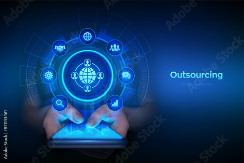 Outsourcing and HR. Social network and global recruitment. Global Recruitment Business and internet concept on virtual screen. Smartphone in hands. Using smartphone. Vector illustration.