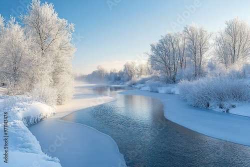 Frosty Trees Lining a Frozen River in a Winter Landscape