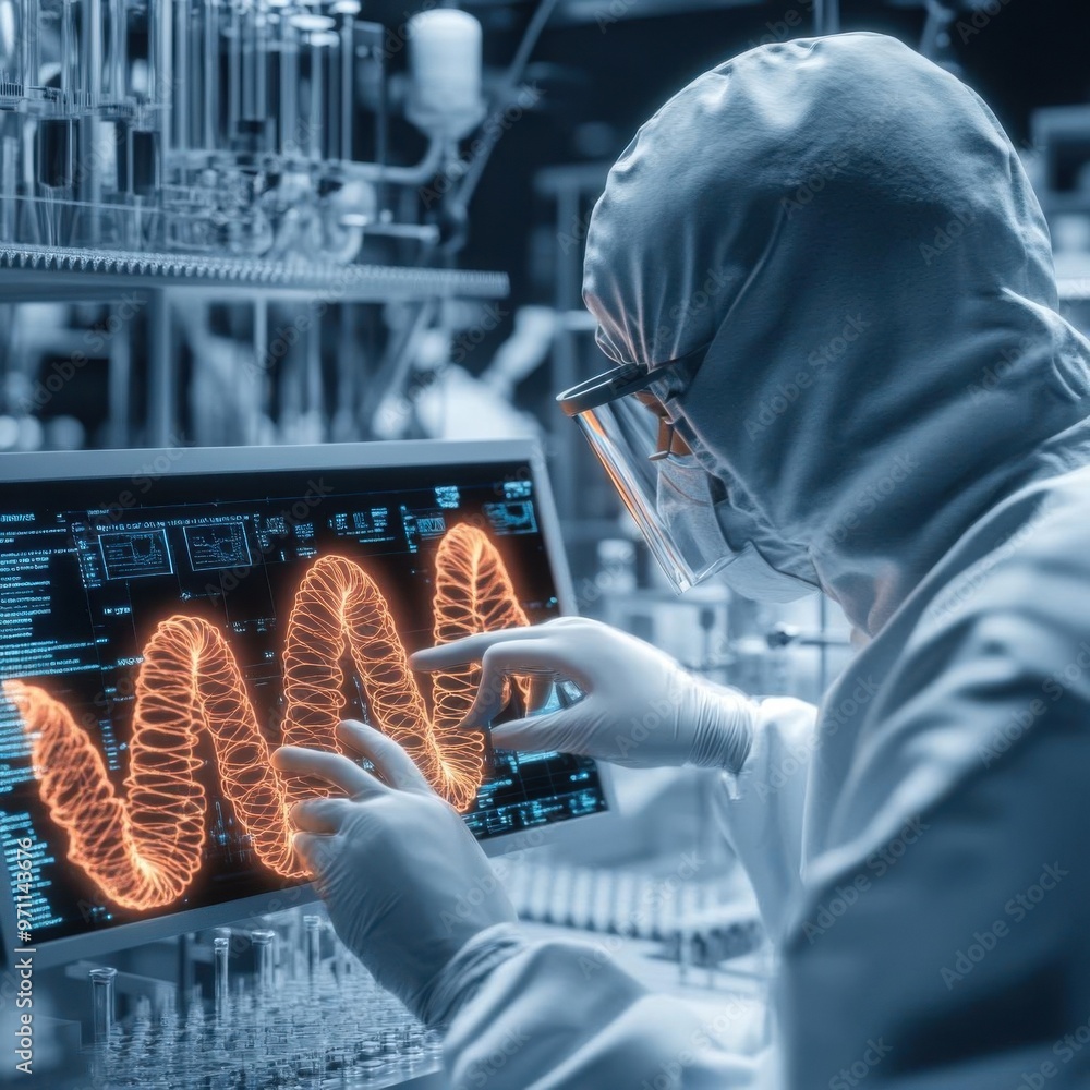 Scientist reviewing biodata on digital interface, modern biotech lab ...