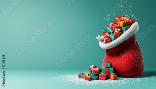 Santa s bag of gifts spilling out colorful presents, snowy backdrop, 3D illustration illustration 3D background, no blur, photo not dark, everything is clear, copy space photo