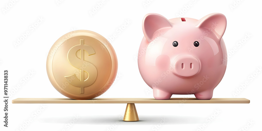 Floating Dollar Sign and Piggy Bank Concept - Weightless Symbols of Spending and Savings in Abstract Style on White Background for Financial Content Floating Dollar Sign and Piggy Bank Concept - Weightless Symbols of Spending and Savings in Abstract Style on White Background for Financial Content