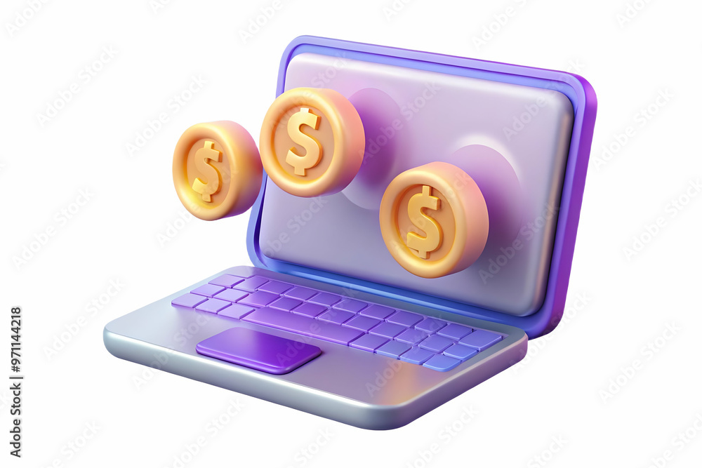 Laptop with Holographic Dollar Signs: A Modern Financial Concept on Glossy Surface - Ideal for Business and Profit Representations Laptop with Holographic Dollar Signs: A Modern Financial Concept on Glossy Surface - Ideal for Business and Profit Representations