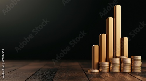 A visually striking financial growth concept featuring golden bars and coins on a wooden surface, symbolizing wealth and success.