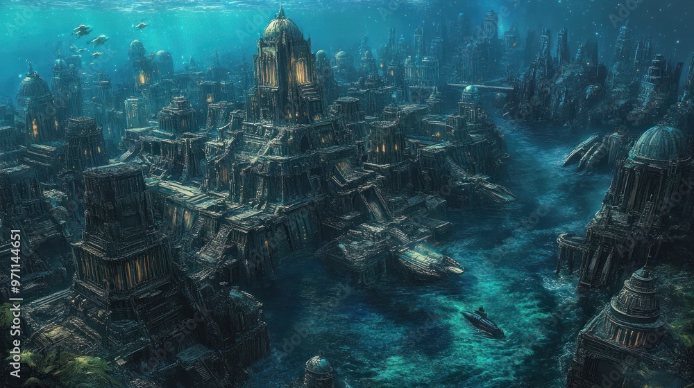 A submerged ancient city with intricate architecture and underwater scenery. A submerged ancient city with intricate architecture and underwater scenery.