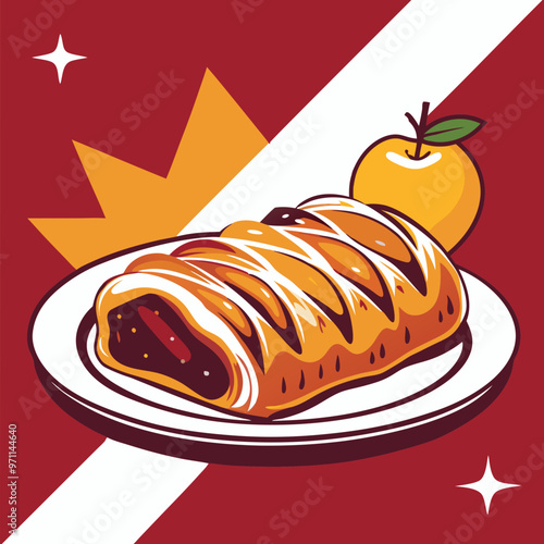 Delicious apple strudel served on a plate with an apple garnish against a vibrant background vector illustration
