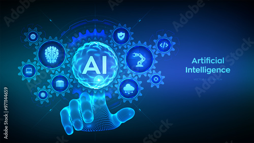 AI. Artificial Intelligence. Machine Learning Concept. Big data. Neural networks. Sphere grid wave. Wireframe hand touching digital interface with connected gears cogs and icons. Vector illustration.