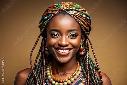 Vibrant African American woman with intricate cornrows and woven braids, adorned with beads, smiling confidently, showcasing cultural heritage and beauty against a neutral background.