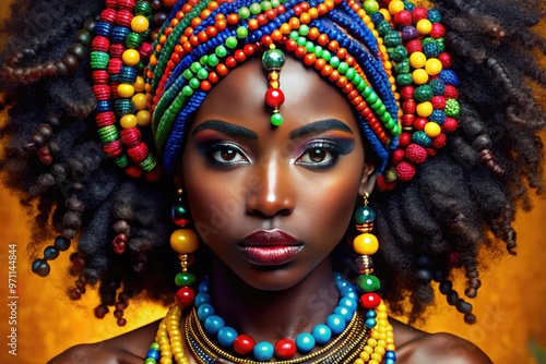 Vibrant Afro-textured hair wraps around the face, adorned with colorful beads, showcasing the beauty and individuality of natural, unapologetic black hair in all its glory. photo