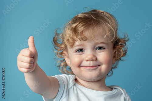 A baby with blonde hair is smiling and giving a thumbs up