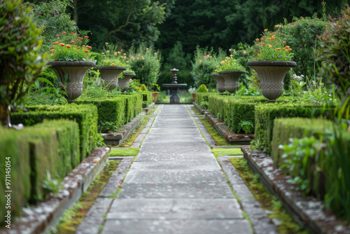 A long walkway with a fountain in the middle