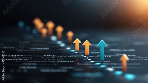 Dynamic graphic showcasing growth with upward arrows, reflecting business success and data analysis in a modern setting.