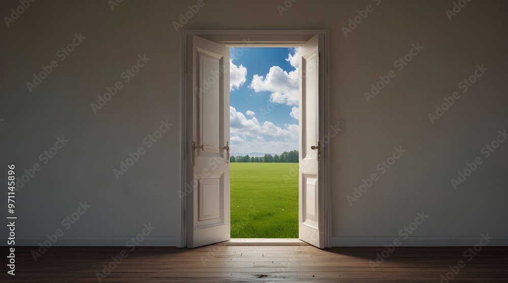 Open door leading to a bright, new world, symbolizing a fresh start. generative.ai