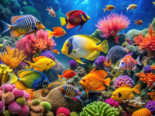 Vibrant assortment of exotic freshwater and saltwater fish species, including angelfish, clownfish, and neon tetras, swimming in a colorful coral reef aquarium environment. photo