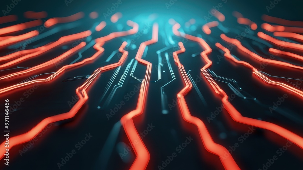 Fototapeta premium Vibrant digital background with glowing red and blue circuits, representing technology, innovation, and futuristic designs.
