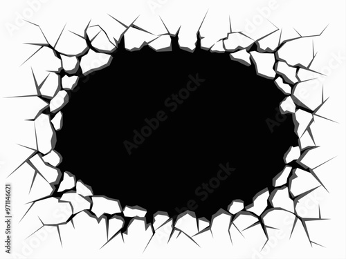 Broken wall with a hole and splinters. Template for copy space. Vector background