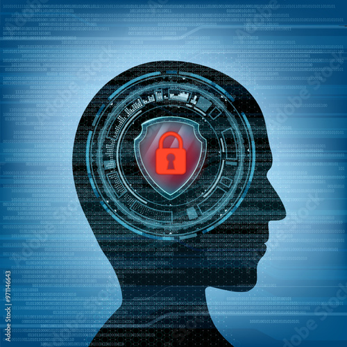 Human head silhouette with abstract futuristic geometric pattern and red padlock. Stock vector illustration