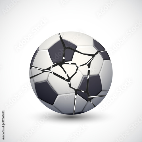 Burst soccer ball with torn and cracks. Isolated on transparent background. Stock vector illustration
