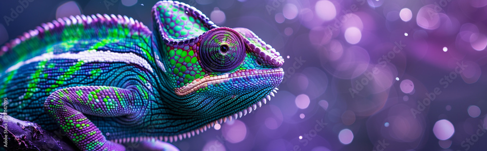 Banner with vibrant colorful chameleon resting on a branch with glowing purple bokeh in the background Banner with vibrant colorful chameleon resting on a branch with glowing purple bokeh in the background