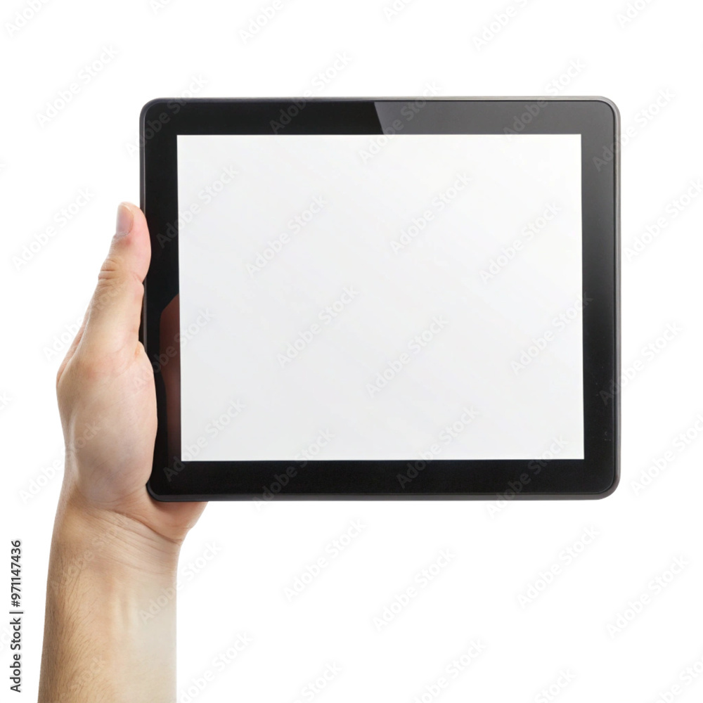 Human hand holding black tablet with blank display isolated on white or transparent PNG Human hand holding black tablet with blank display isolated on white or transparent PNG