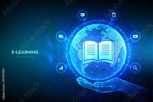 E-learning. Innovative online education technology concept. World map point and line composition. Earth planet globe in hand. Webinar, online training courses. Skill development. Vector illustration.