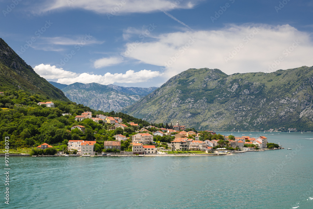 Views of Bay of Kotor in Montenegro during summer sunny day.