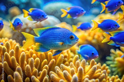 Vibrant blue and yellow damselfish swim amidst coral formations, their iridescent scales shimmering in the sunlight that filters down through the crystal-clear turquoise ocean water. photo