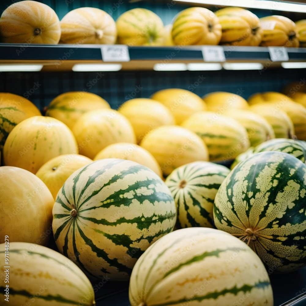 Variety of fresh yellow melons and green watermelons are arranged on supermarket counter, showcasing colors and inviting freshness. Shoppers can easily spot these delicious fruits. Generative AI Variety of fresh yellow melons and green watermelons are arranged on supermarket counter, showcasing colors and inviting freshness. Shoppers can easily spot these delicious fruits. Generative AI