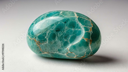 Polished amazonite stone with plain white background photo