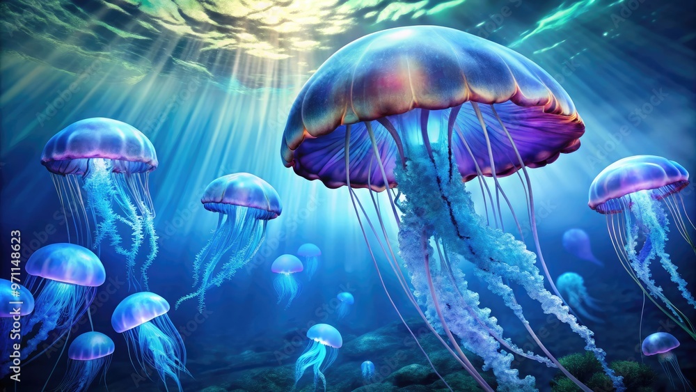 Vibrant blue buttons jellyfish with transparent domed bells and delicate, thread-like tentacles float majestically against a soft, gradient blue ocean background, showcasing oceanic beauty. Vibrant blue buttons jellyfish with transparent domed bells and delicate, thread-like tentacles float majestically against a soft, gradient blue ocean background, showcasing oceanic beauty.