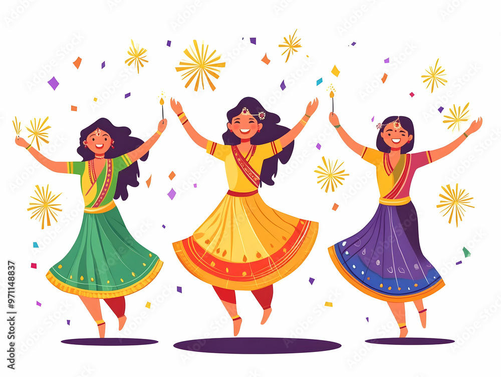 Vibrant Flat Vector Illustration of Traditional Dance Performance at Cultural Festival with Sparklers, Rangoli, and Candid Dancer Expressions Vibrant Flat Vector Illustration of Traditional Dance Performance at Cultural Festival with Sparklers, Rangoli, and Candid Dancer Expressions
