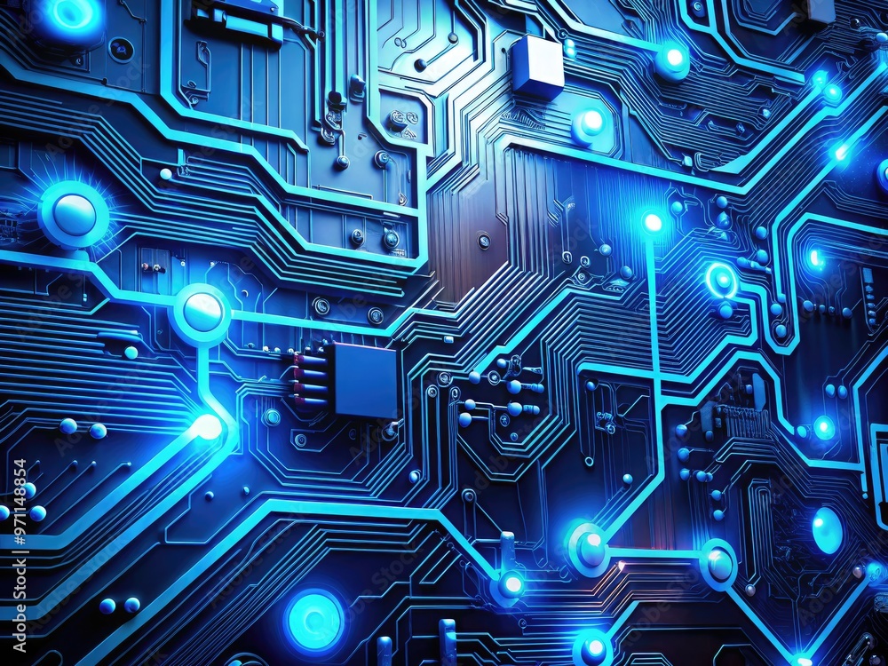 Vibrant blue circuit board with glowing neon lights and intricate components, set against a dark background, perfect for a futuristic technology-inspired computer wallpaper download. Vibrant blue circuit board with glowing neon lights and intricate components, set against a dark background, perfect for a futuristic technology-inspired computer wallpaper download.