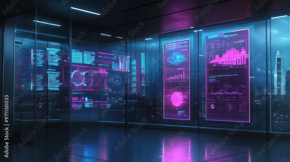 A futuristic control room with glowing data displays and city views. A futuristic control room with glowing data displays and city views.