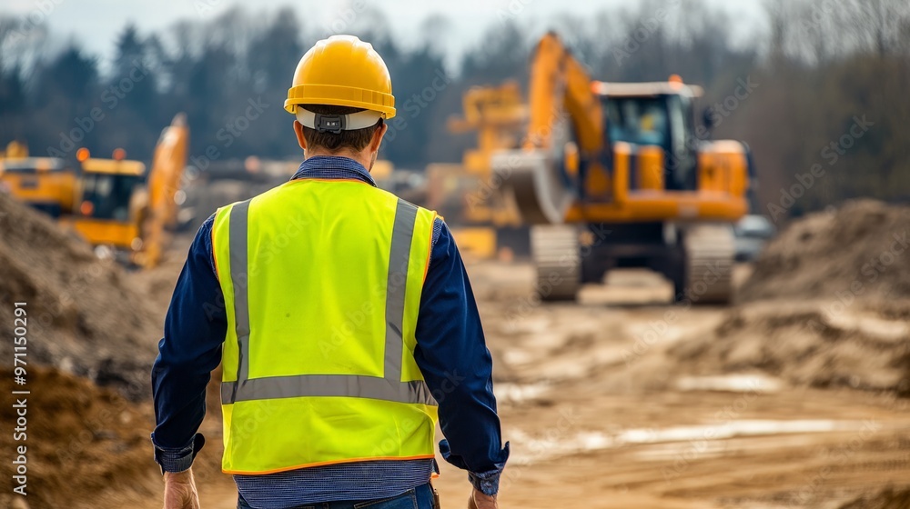Engineer in a hard hat and reflective vest, walking through a construction site with large equipment in the background, analyzing progress. Engineer in a hard hat and reflective vest, walking through a construction site with large equipment in the background, analyzing progress.