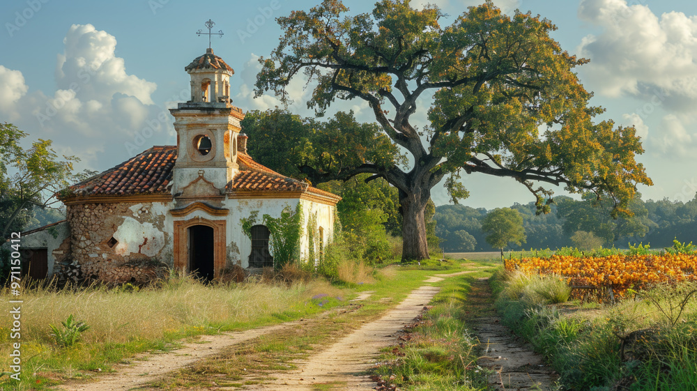 An old abandoned church on the plains of Spain. Next to the church building is a large spreading tree that is hundreds of years old.