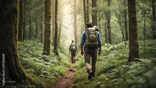 Man Hiking Through Dense Forest