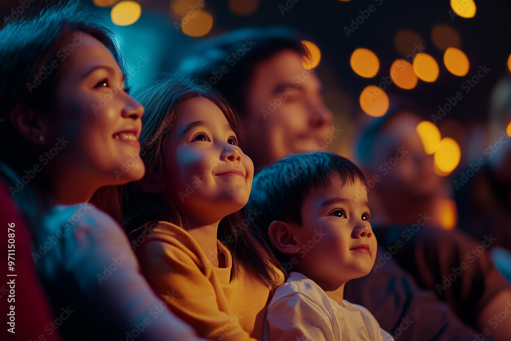 Family with plus-size members attending a sports event, experiencing live entertainment. A family is sitting together in a theater enjoying a movie Family with plus-size members attending a sports event, experiencing live entertainment. A family is sitting together in a theater enjoying a movie