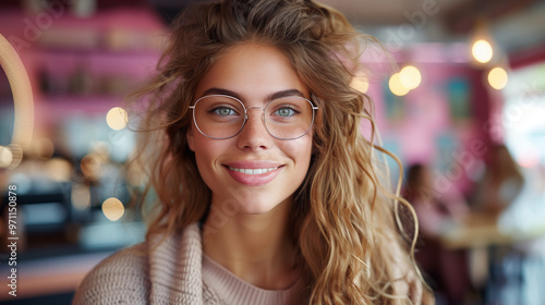 Smiling woman with glasses and curly hair in a cozy cafe setting