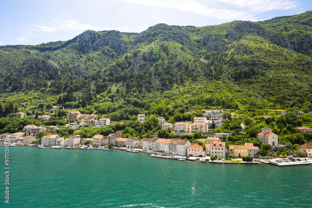 Views of Bay of Kotor in Montenegro during summer sunny day.
