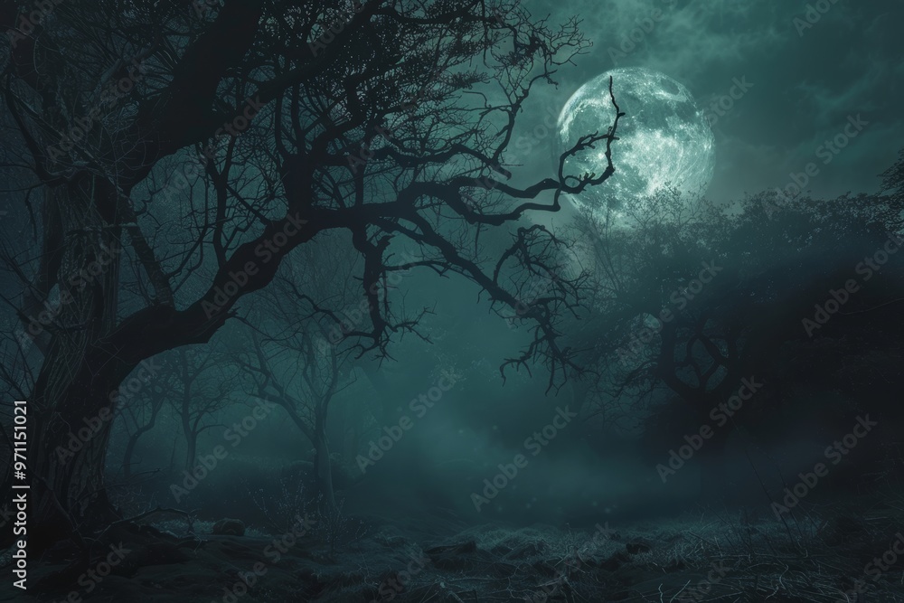 Enchanted moonlit forest with fog Enchanted moonlit forest with fog