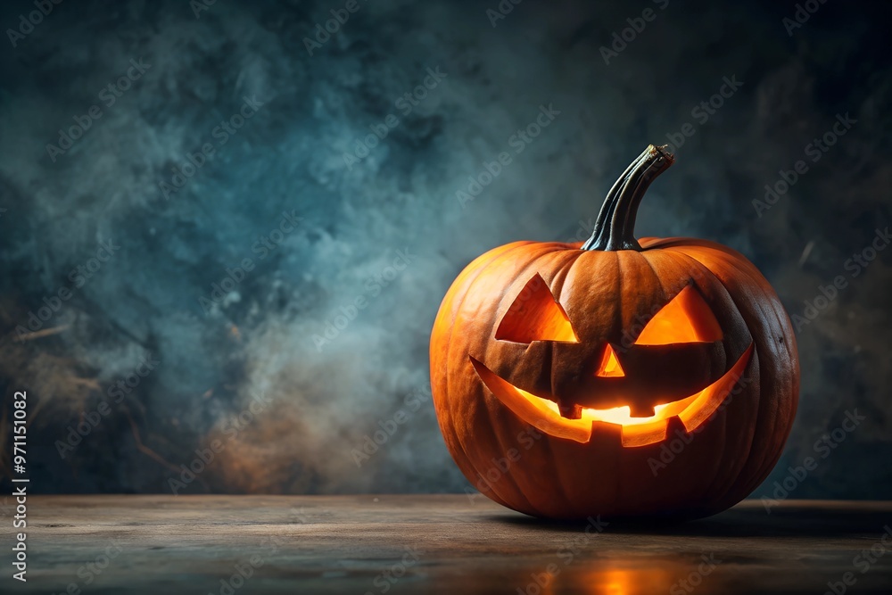 Halloween scary pumpkins and leaves top view with copy space background Halloween scary pumpkins and leaves top view with copy space background