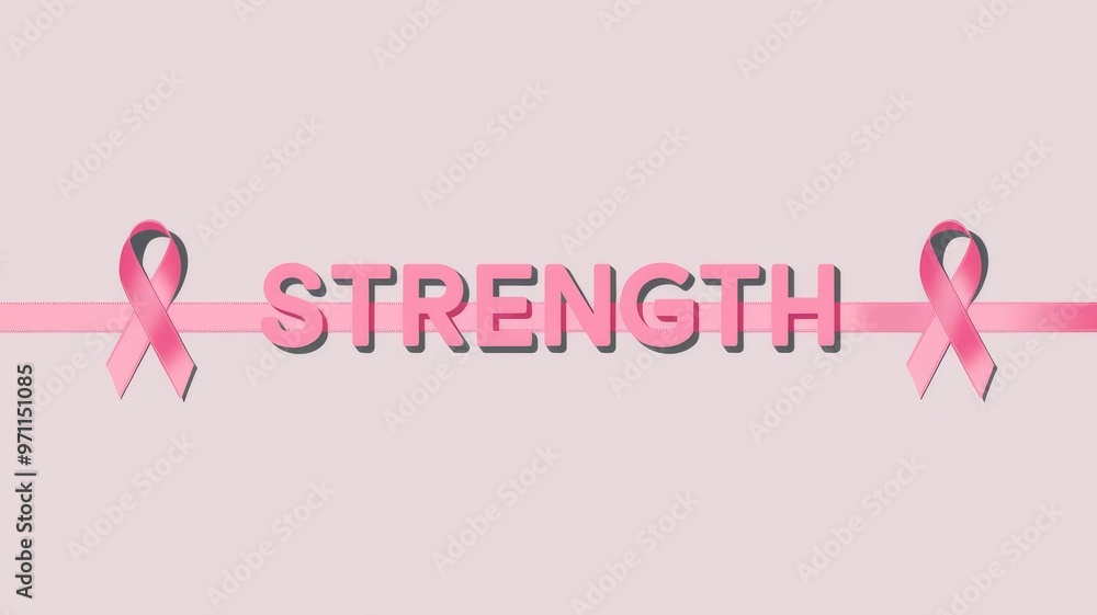 Strength text, light minimalist design with pink ribbons. Breast cancer awareness month, Pinktober Strength text, light minimalist design with pink ribbons. Breast cancer awareness month, Pinktober