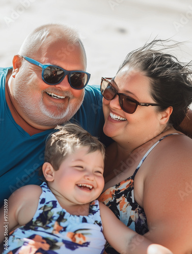 Family with plus-size members enjoying a casual day at the beach, relaxing and fun. A man and a woman are joyfully holding a little girl while at the beach