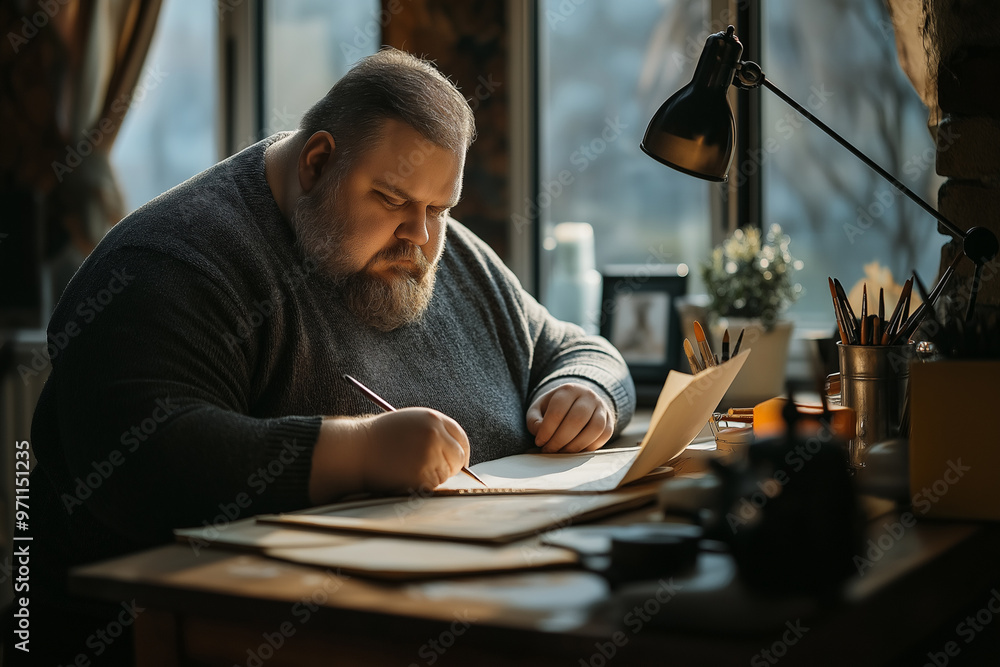 Obese person spending time on a creative project, such as painting or writing. A bearded man is sitting at a desk writing on paper Obese person spending time on a creative project, such as painting or writing. A bearded man is sitting at a desk writing on paper