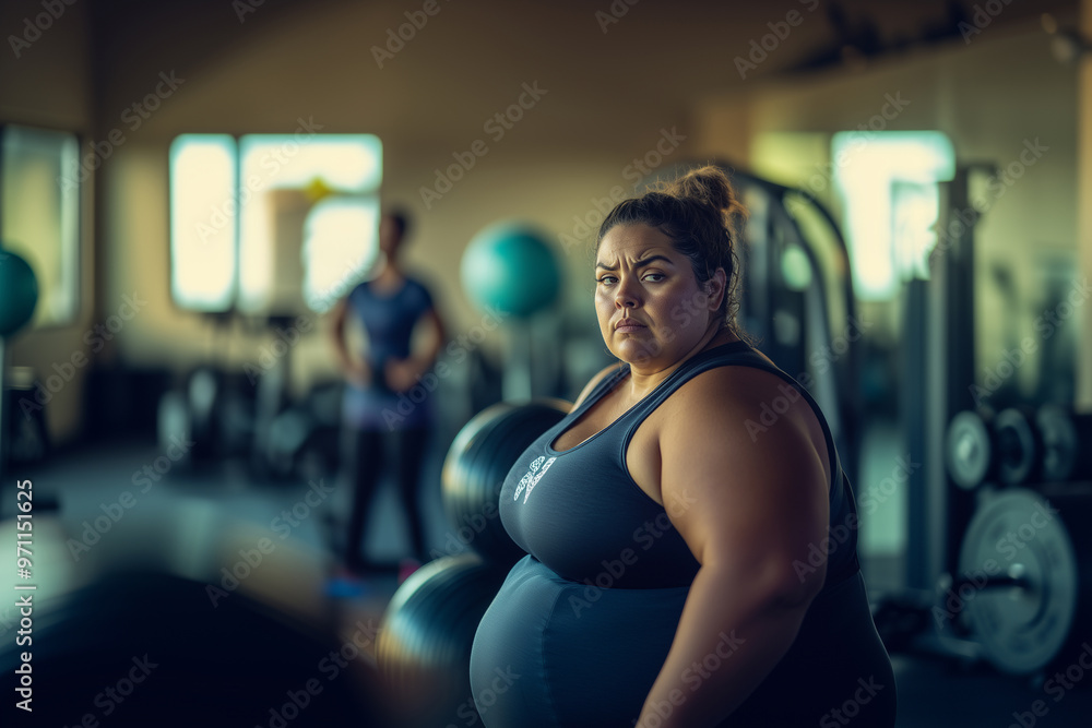 Very overweight individual attending a local fitness class, casual approach to exercise. An obese woman is standing in a gym, carefully holding a pilates ball Very overweight individual attending a local fitness class, casual approach to exercise. An obese woman is standing in a gym, carefully holding a pilates ball