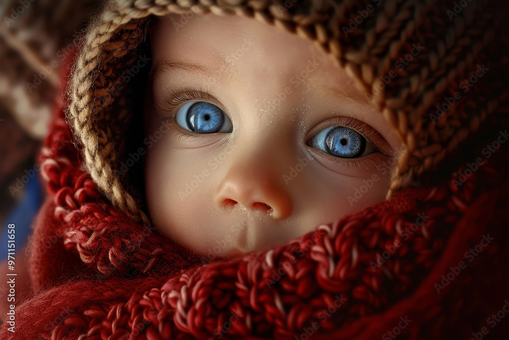 A baby with blue eyes is wearing a red scarf A baby with blue eyes is wearing a red scarf