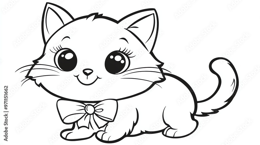 Fototapeta premium A black and white drawing of a cute cartoon kitten.